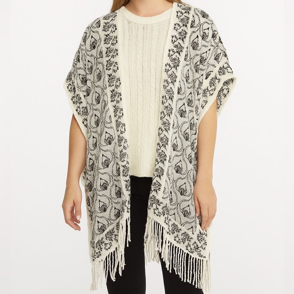 Anthropologie Embroidered Kimono Size XS/Small Black and White Fringe Boho Flowy